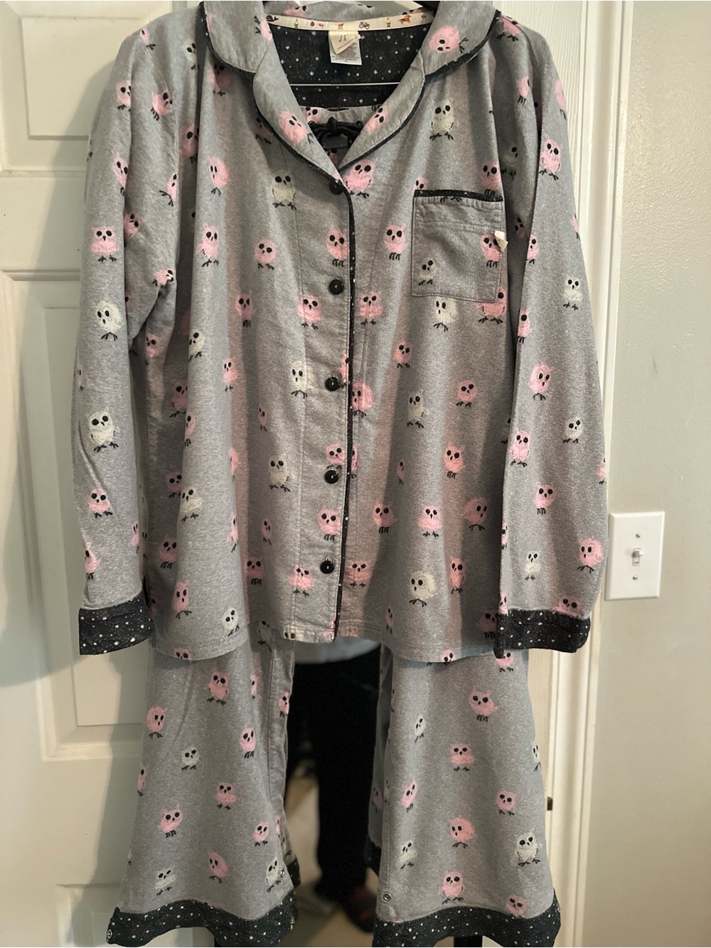 munki munki Gray and Pink Owl Fleece Pajama Set with Contrast Trim